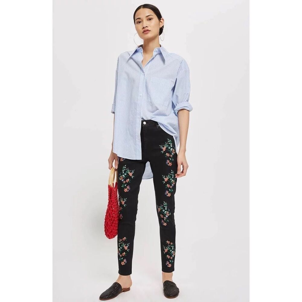 Topshop Jamie Jean in Black Floral Embroidery Size 28
